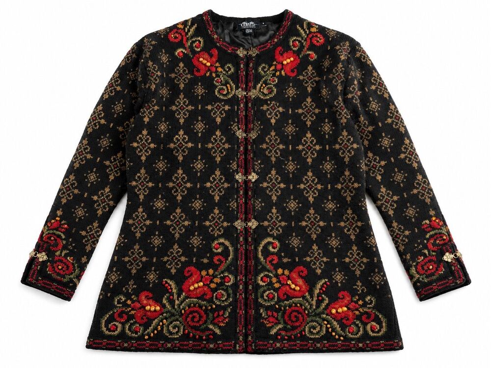 Icelandic Design Vintage Wool Embroidered Floral Cardigan Sweater Size Medium